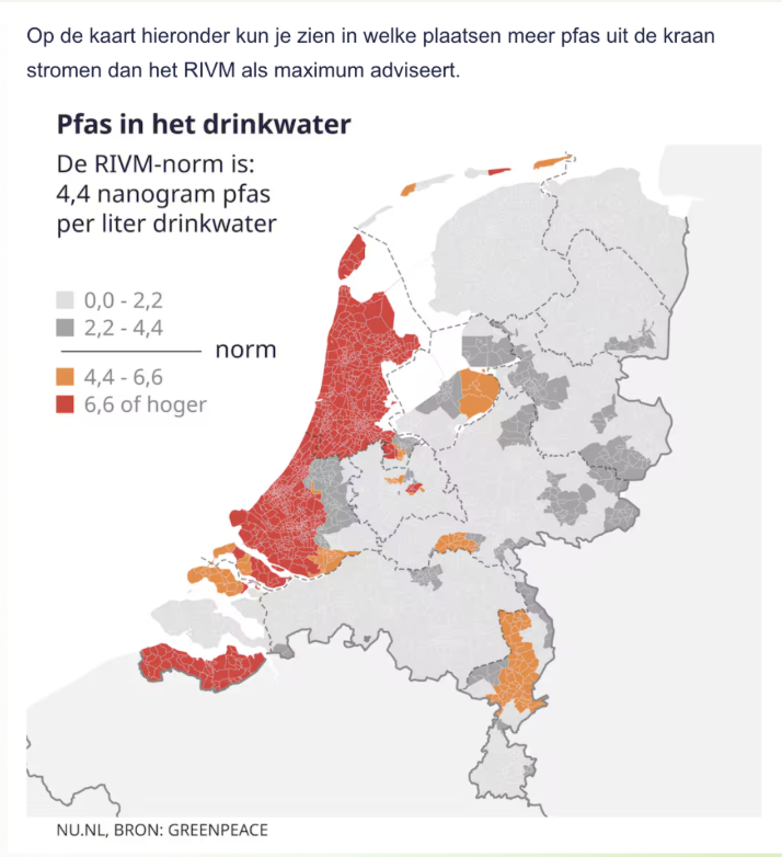 Kaart van Nederland met regionale PFAS-waarden in drinkwater volgens NU.nl en Greenpeace